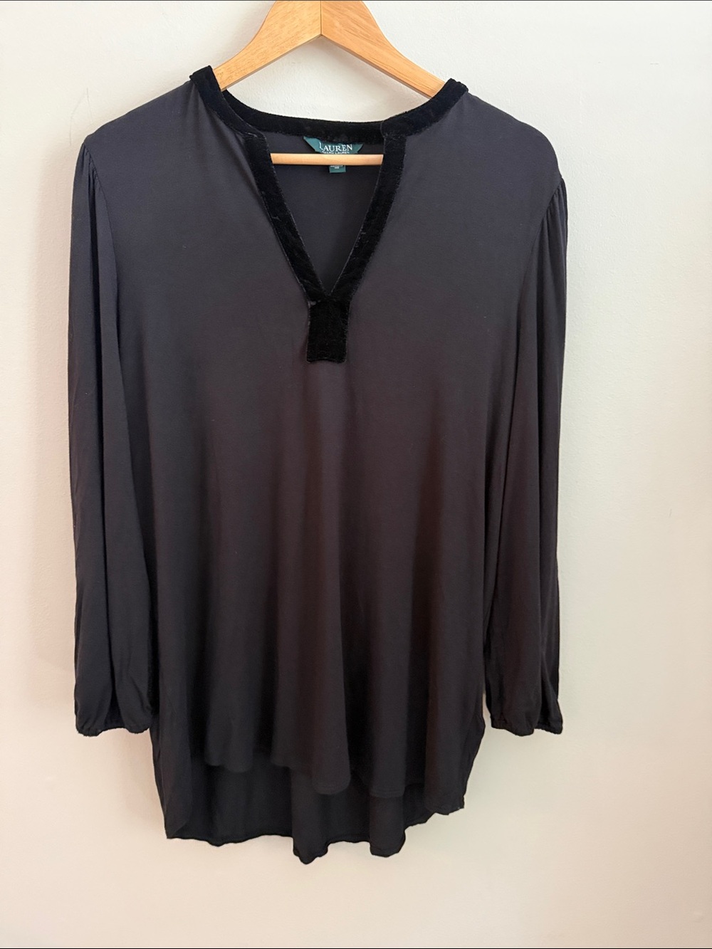 Lauren Ralph Lauren Black Long-Sleeve Velvet-Trim Top Size 1X